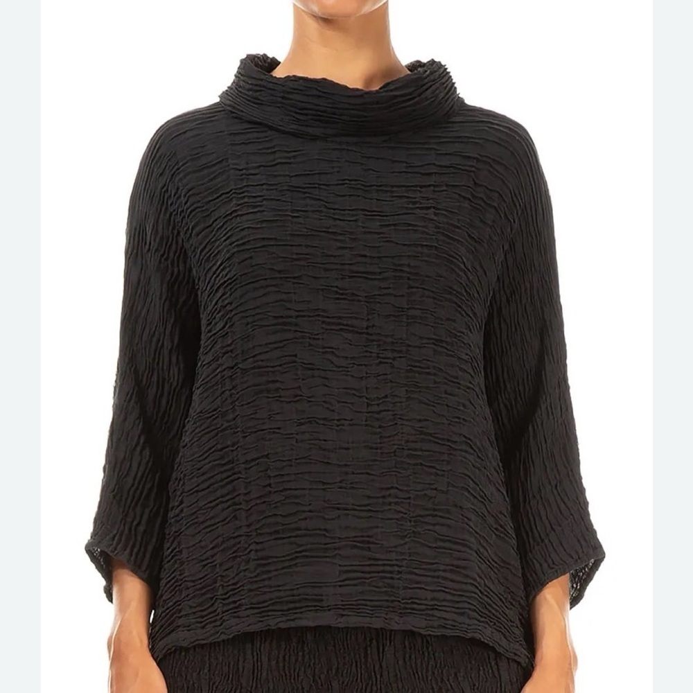 Grizas Black Crinkled Plisse Silk Cowl Neck Blouse XL Lagenlook